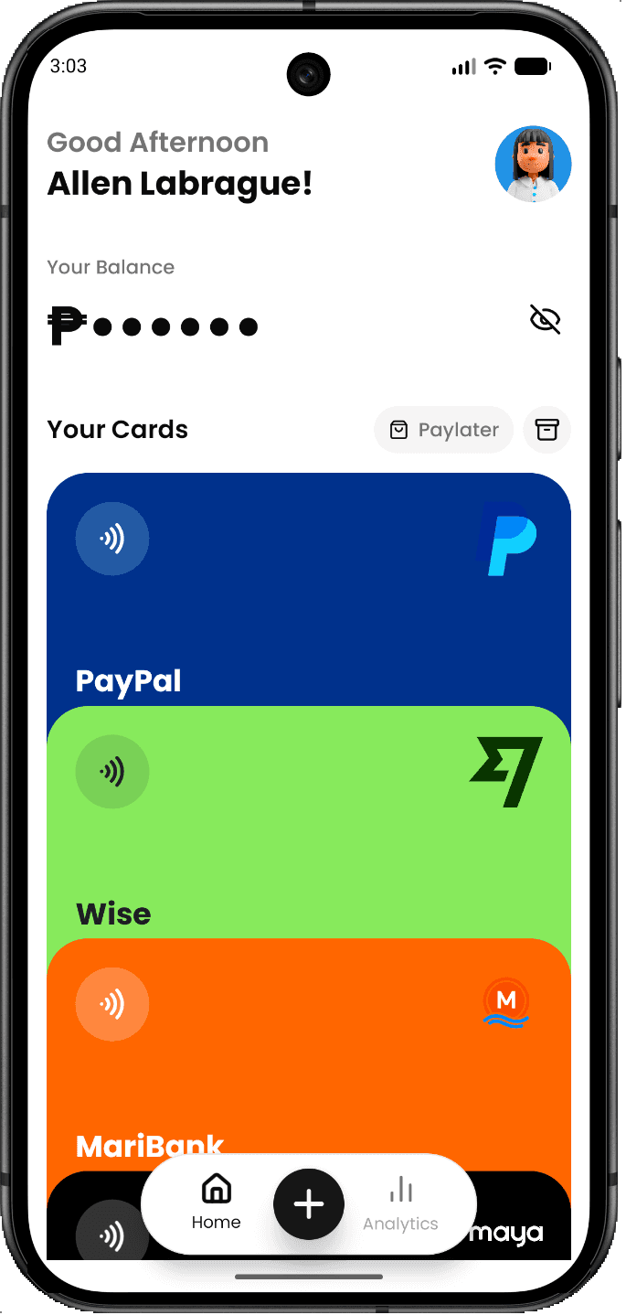 Balancee home screen with wallet cards